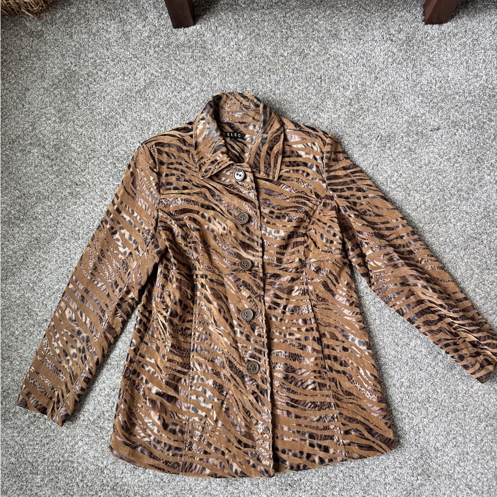 ELLE Brown Animal-Print Button Front Jacket
